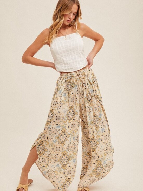 Hem & Thread Pants - NWT Boutique: Hem & Thread Mosaic Printed Tulip Hem Pants in Taupe - 100% Cotton